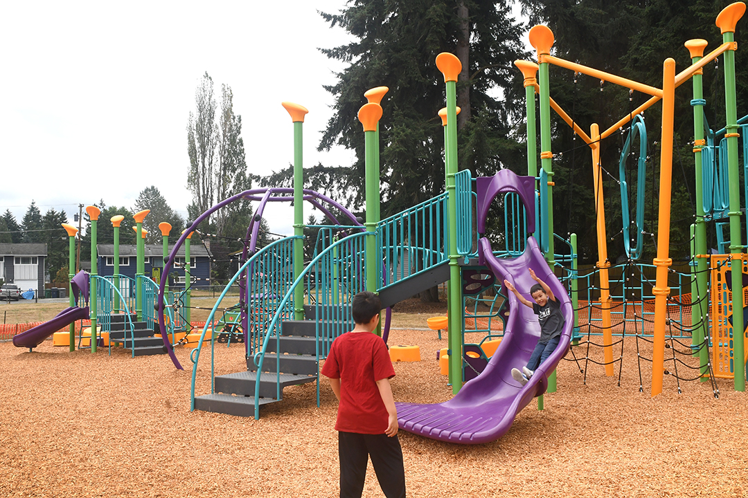 Cascade Park's twisty slide, the other purple slide at Renton's new Cascade Park playground