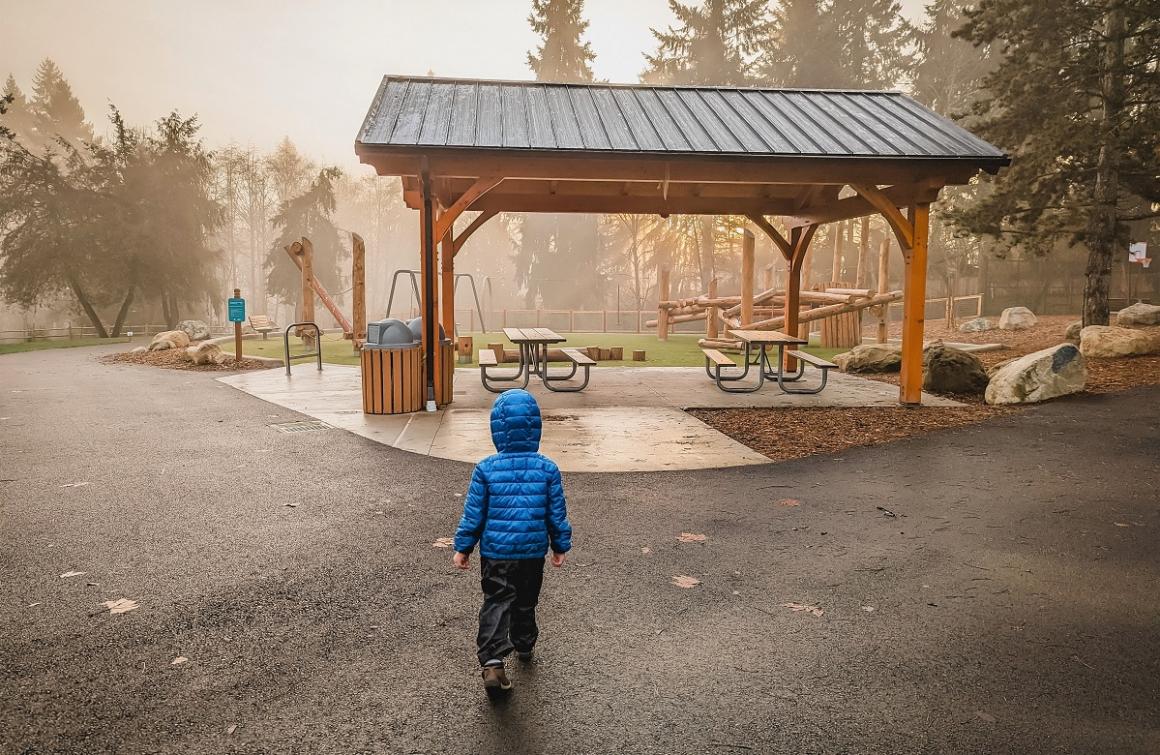 Covered picnic shelter at new Westside Park playground in Redmond
