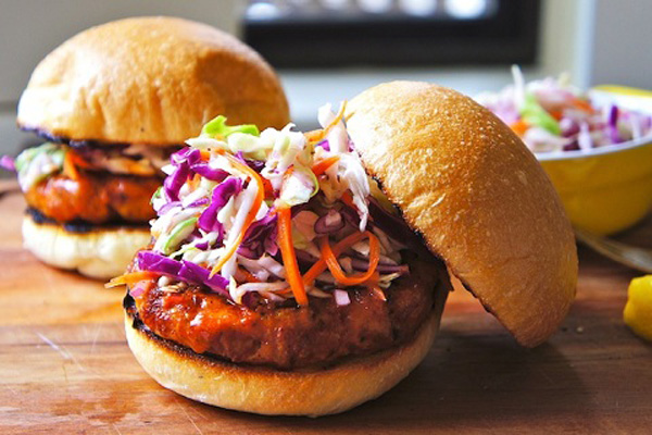 Buffalo chicken burgers with sweet and tangy slaw by Seasaltwithfood