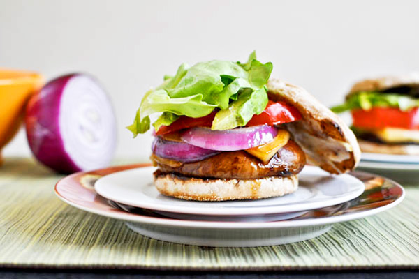 Portobello burgers with gouda and roasted garlic by How Sweet It Is
