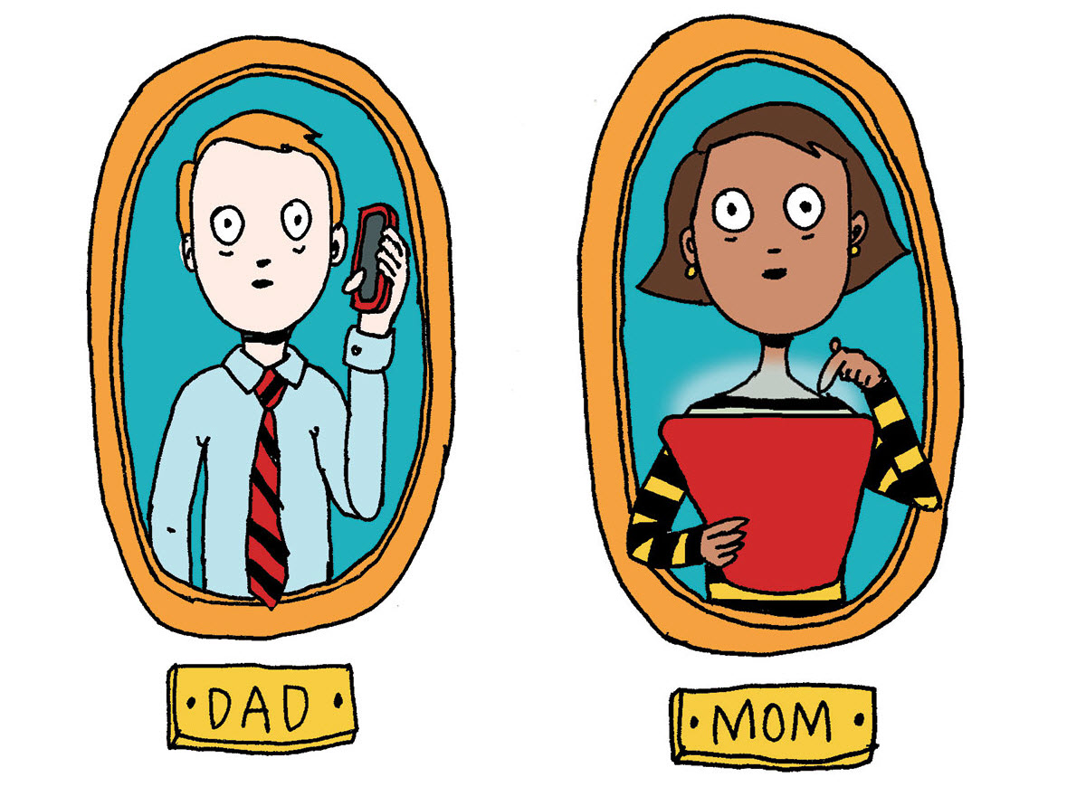 Scared parents monitoring on apps by alli arnold illustrations