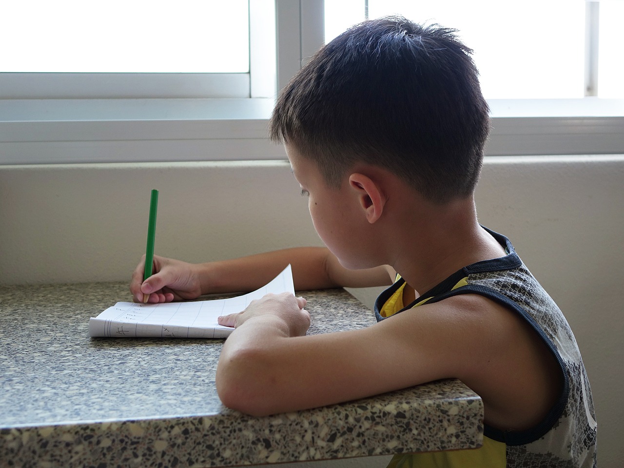 Boy with pencil and workbook at table