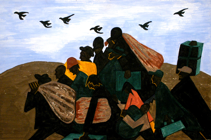 Panel 3, from Jacob Lawrence’s Migration Series. The caption reads: “From every southern town migrants left by the hundreds to travel north.” 