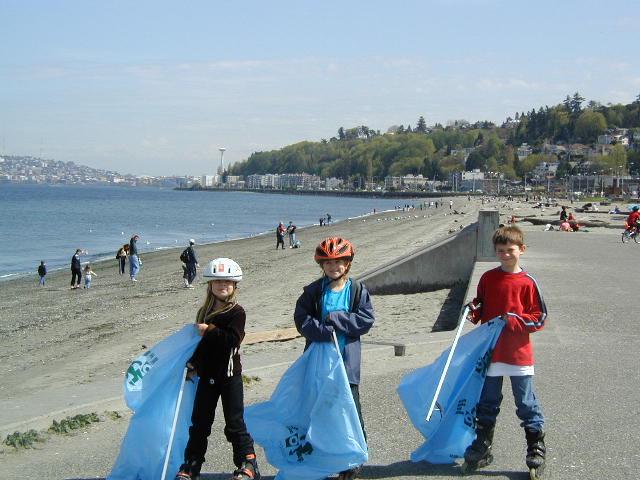 Alki Beach Park Kids on Skates Picking Trash - photo provided by Seattle Parks
