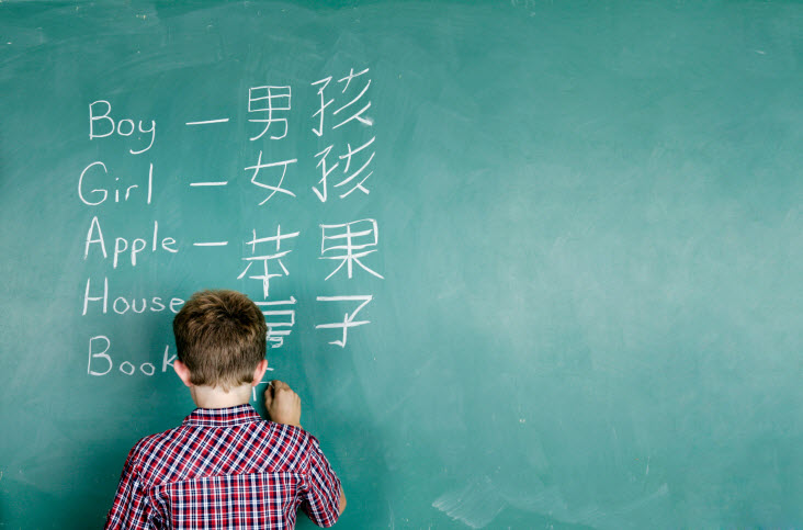 boy learning chinese writing on a chalkboard