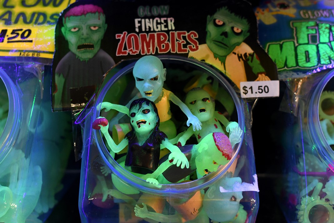 Glow-in-the-dark zombie finger puppets on display at Seattle’s Archie McPhee novelty store