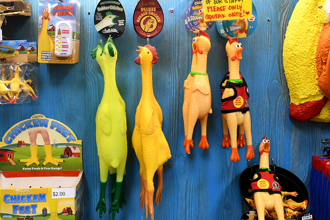 Archie McPhee novelty shop in Seattle specializes in rubber chickens and is home of the free Rubber Chicken Museum