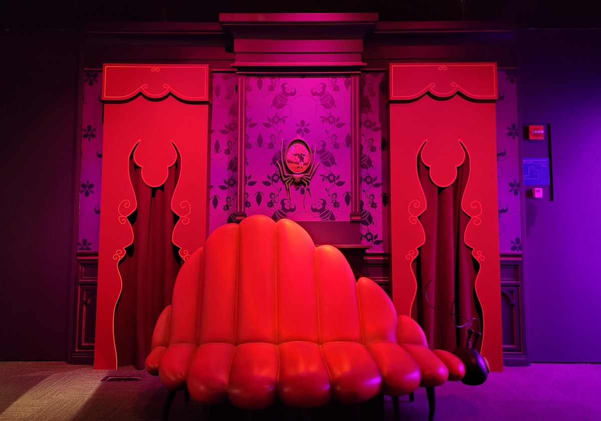 The bug couch is part of the Coraline room at Hidden Worlds: The Films of LAIKA on view at MoPOP in Seattle