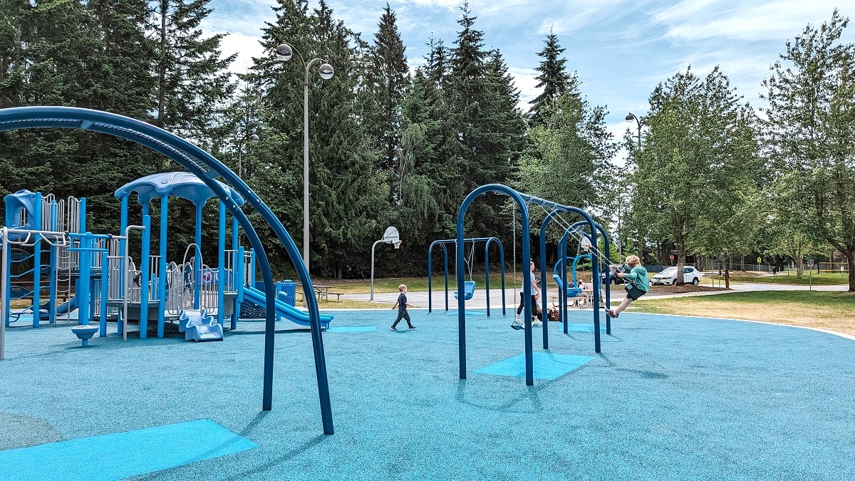 The inclusive new playground at Meadowdale Playfields' new playground has swings of many types