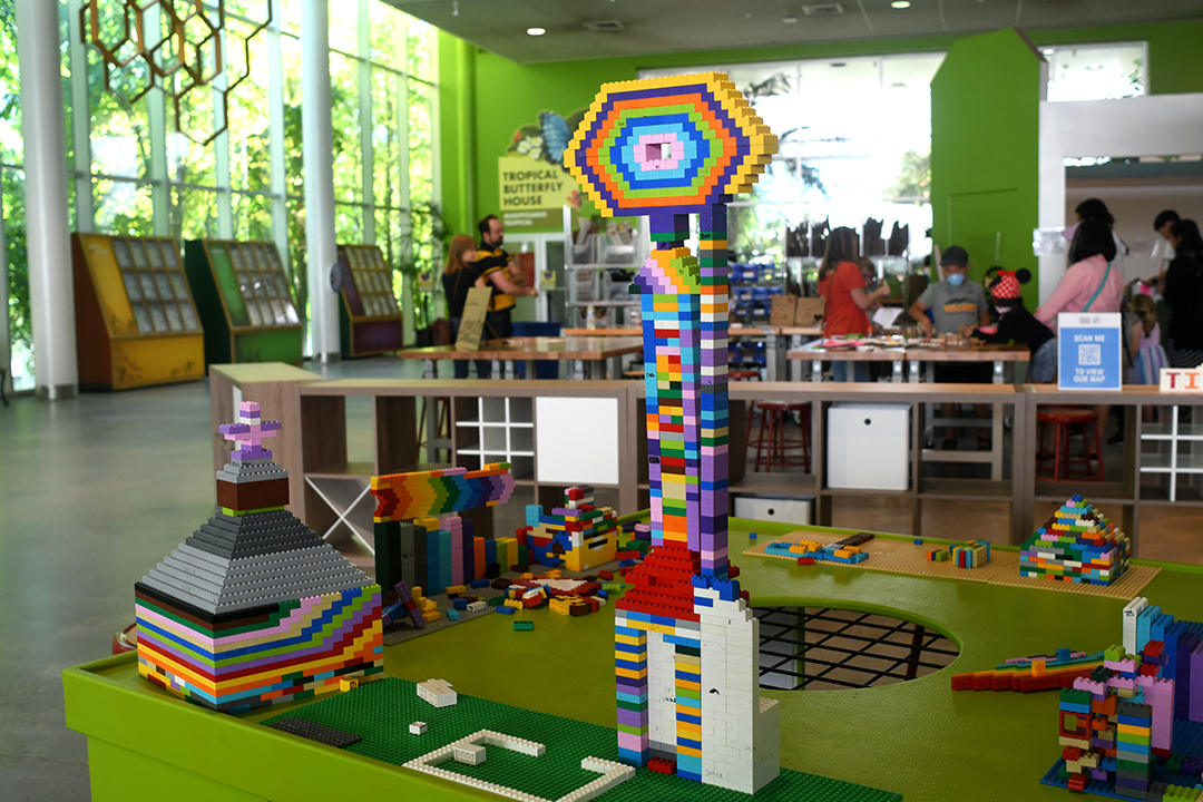 The Lego table in the Pacific Science Center’s hands-on Tinker Tank, back open but in a new location