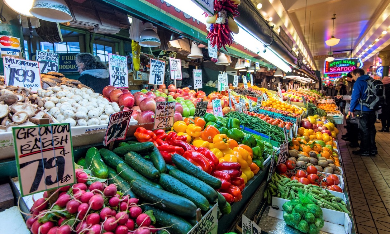View of produce for sale at Seattle’s iconic Pike Place Market which is a true farmers market
