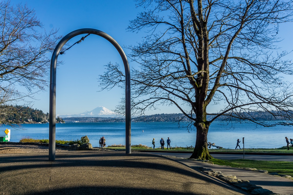 View of Mount Rainier in the distance from Seattle's Seward Park great winter and spring nature destination for families