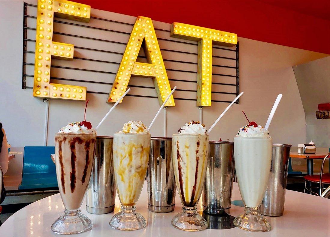 Milkshakes lined up on a table at Shake, Shake, Shake retro diner in Tacoma fun old-school activities for Seattle-area families