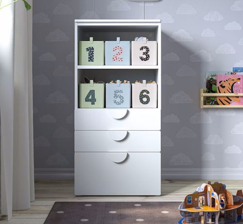 "Numbered BARNDRÖM storage bins from Ikea for a kid bedroom"