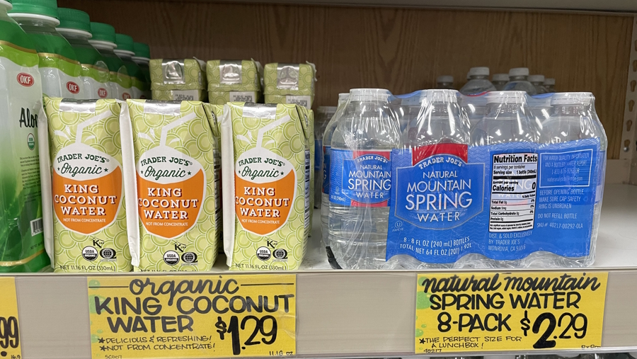 "Coconut water and spring water Trader Joe's lunch"
