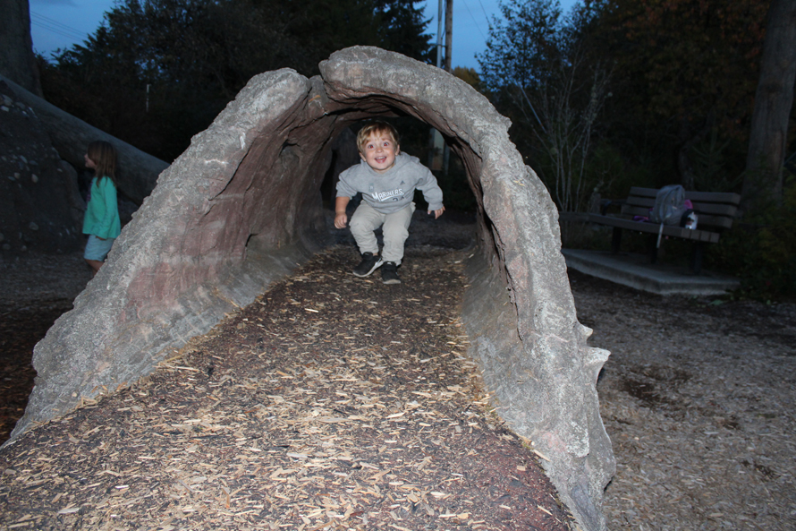 boy running through a log tunnel at Tacoma Nature Center Discovery Pond play area