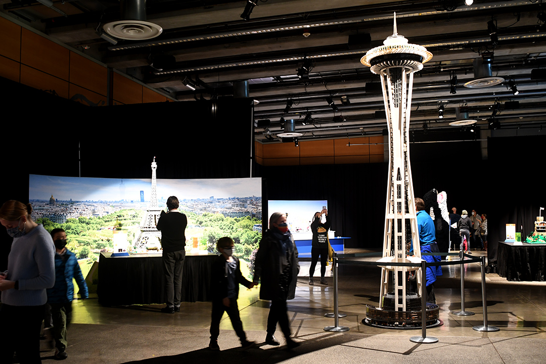 Model of Lego space needle on display at Awesome Exhibition The Interactive Exhibition of Lego Models at Seattle Center Fisher Pavilion