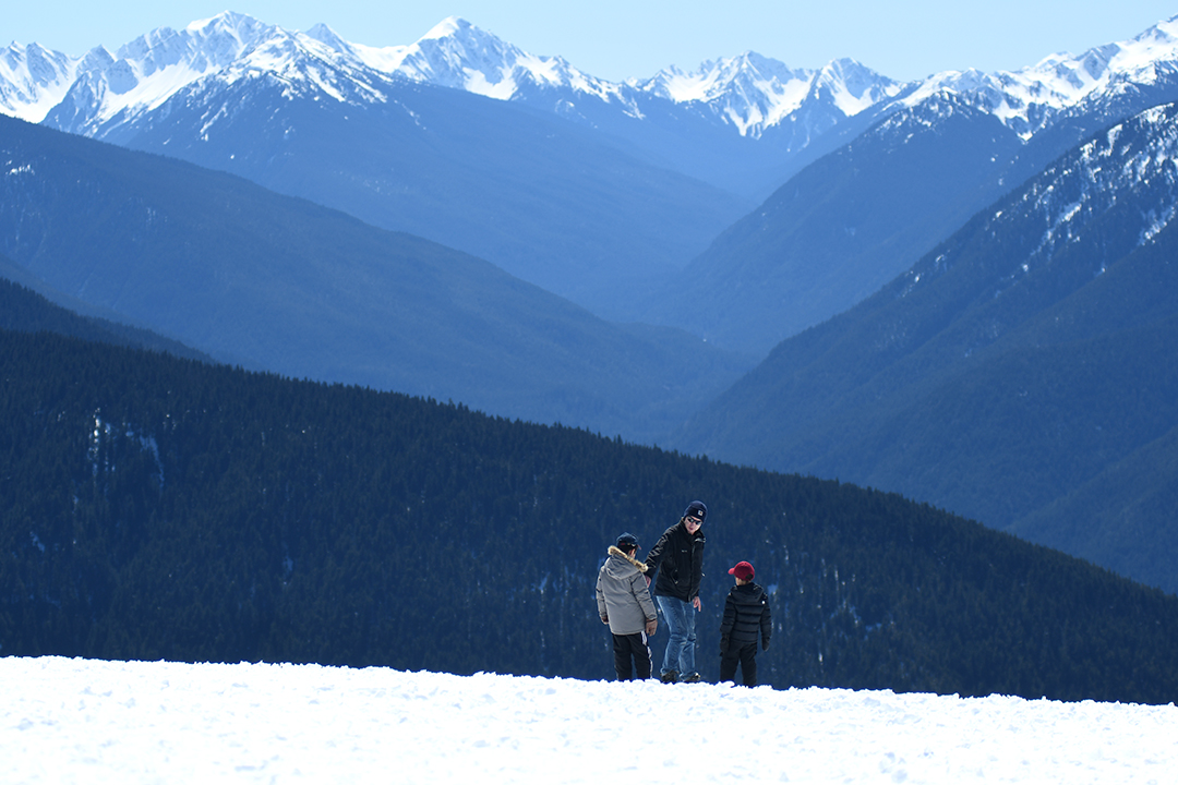 Boys with dad playing in the snow in April at Hurricane Ridge on Washington's Olympic Peninsula