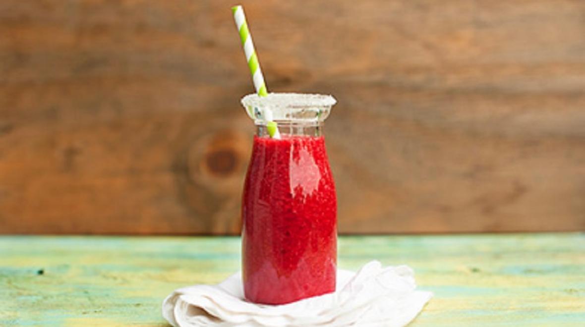 Raspberry cooler in a small milk glass is a summer dessert recipe for kids