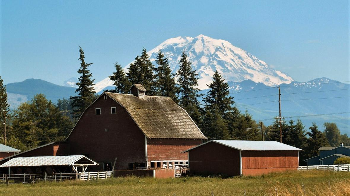 Mount Rainier viewed from Enumclaw with barn