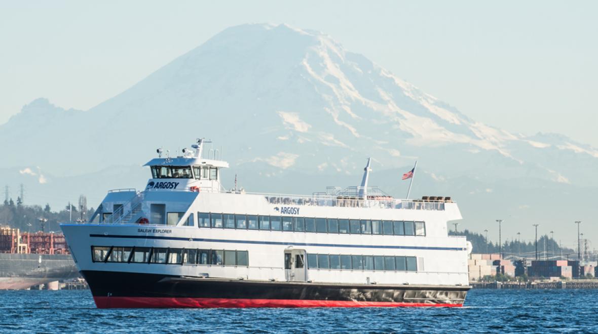argosy ship with mt rainier in the background is a highlight of the Seattle Waterfront