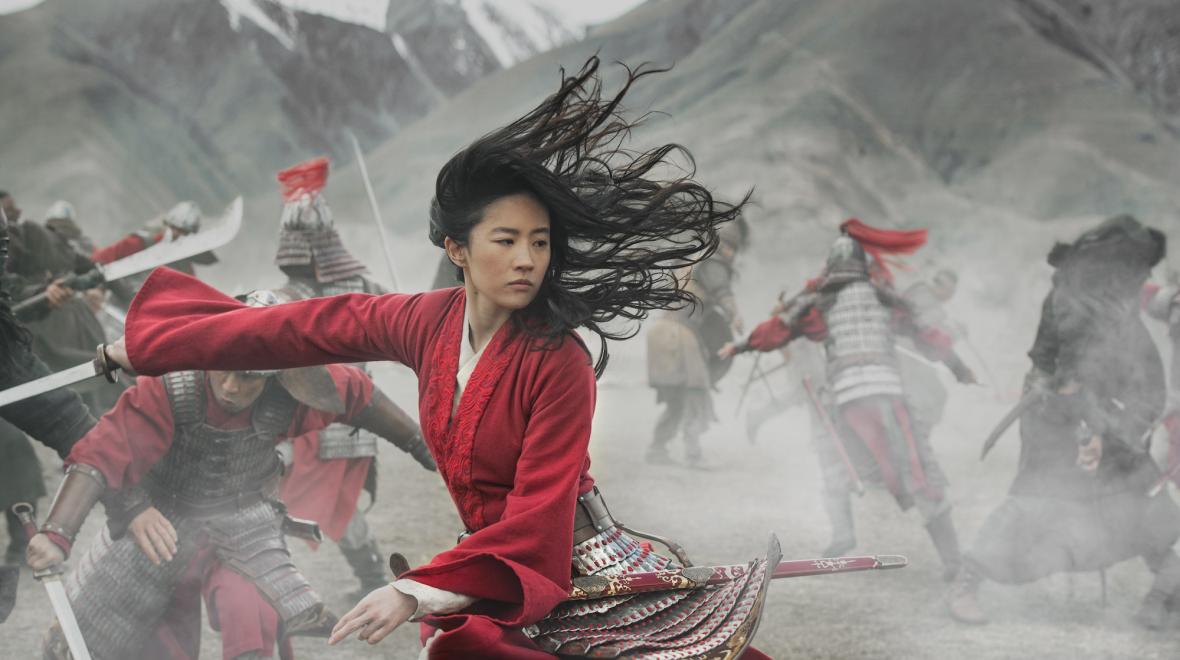Battle scence showing Yifei Liu as Mulan in Disney's new live-action remake of the film