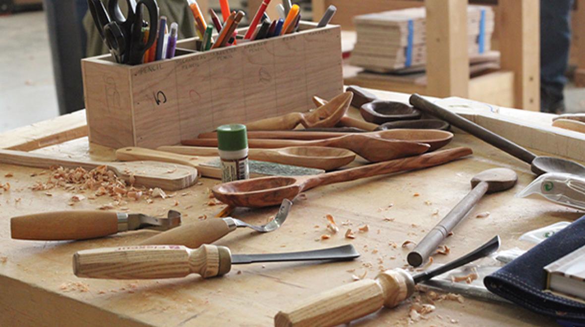 woodcarving tools on a bench