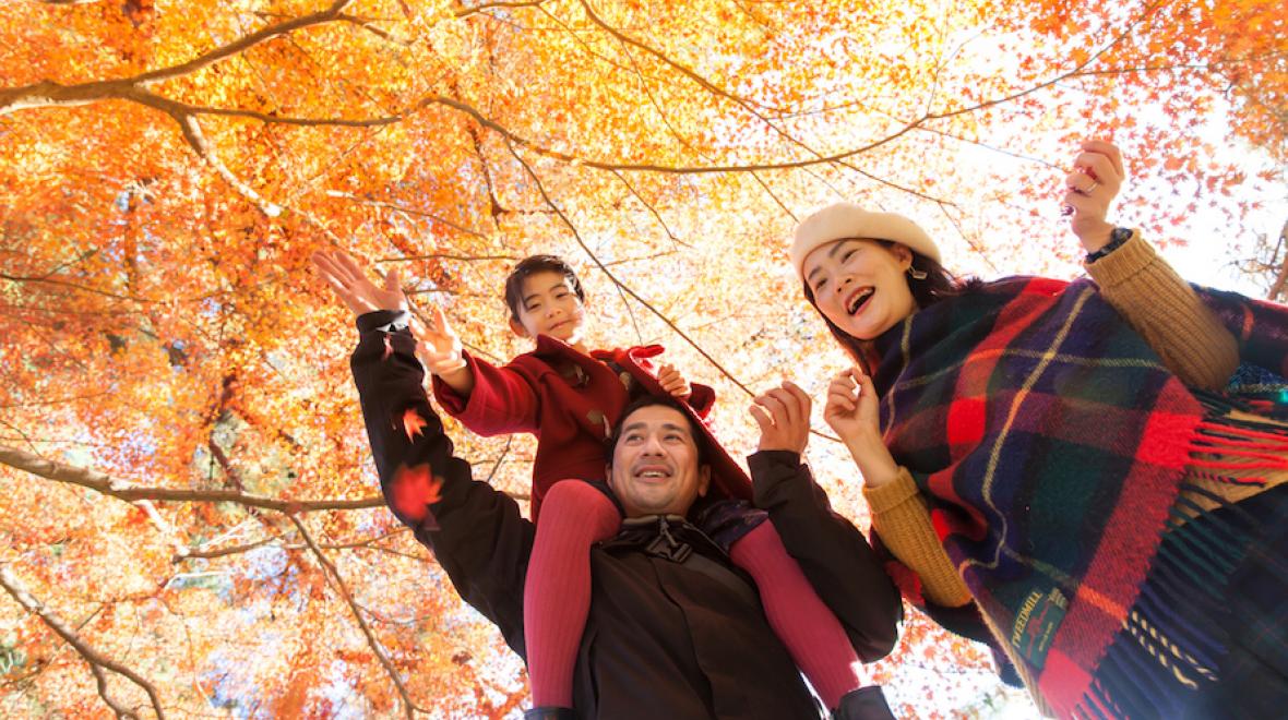 family of three standing under the yellow and orange colors of a japanese maple tree