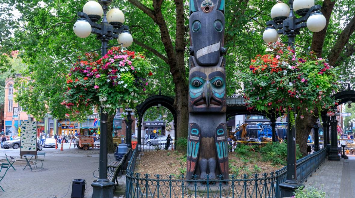 A tlinget totem pole in Seattle's Pioneer Square neighborhood