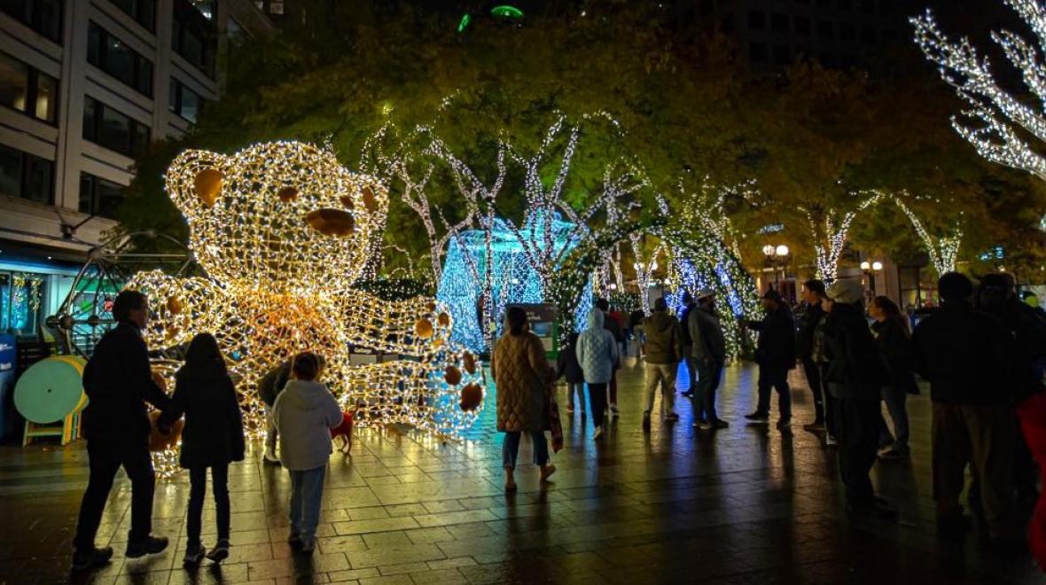 Seattle holiday lights include Downtown Holiday Lights & Delights festivities such as light sculptures decorating Westlake Park