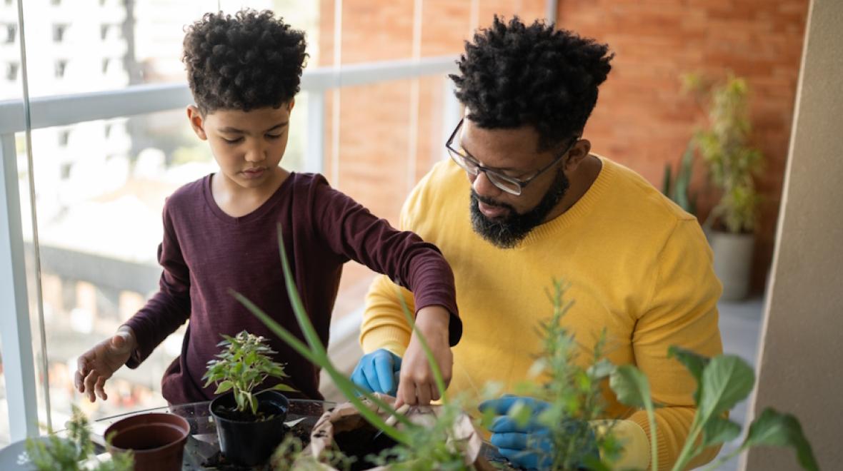 dad and son planting houseplants and connecting with nature