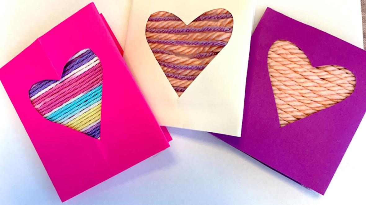 Three Valentine’s Day cards made with yarn and paper