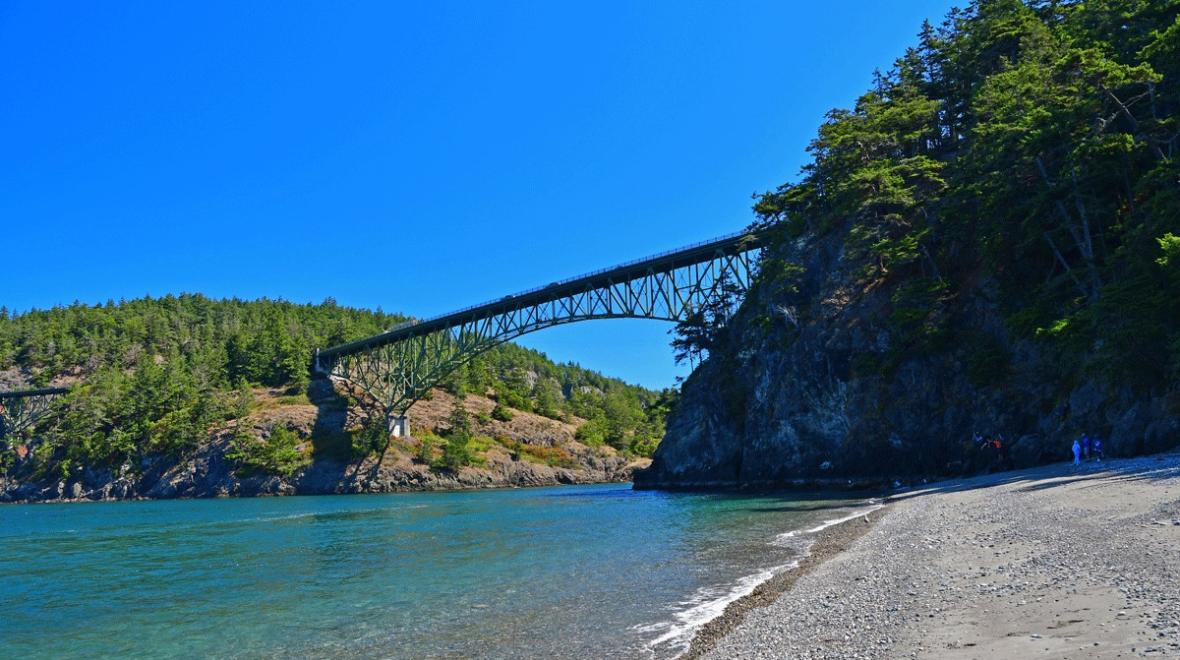 The bridge over a washington state campground along the beach at Deception Pass