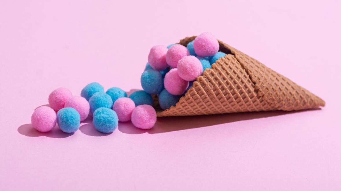 Pink and blue felt balls in an ice cream cone