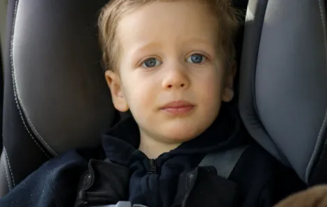 Toddler strapped into his harness car seat