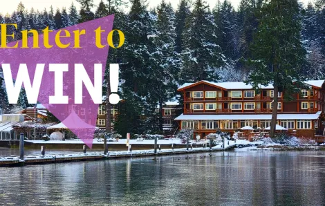 Alderbrook Resort & Spa overlooking the water. Words "Enter to Win!" overlayed on the image.