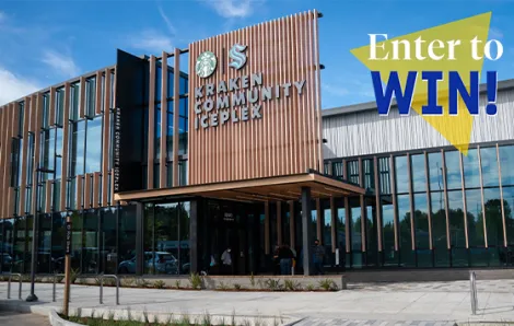 "Enter to Win" text over Kraken Community Iceplex Building
