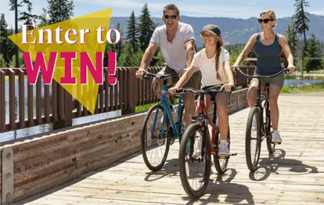 Family biking in Suncadia with "enter to win!" text
