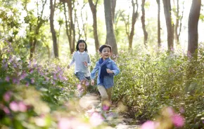 two kids run on a hiking trail among blooms on a spring hike near Seattle