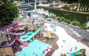 An aerial view of Wild Waves water park