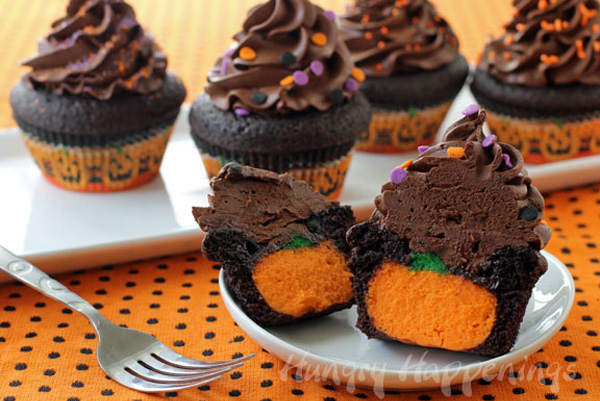 Halloween treats: Pumpkin cheesecake-stuffed chocolate cupcakes by Hungry Happenings