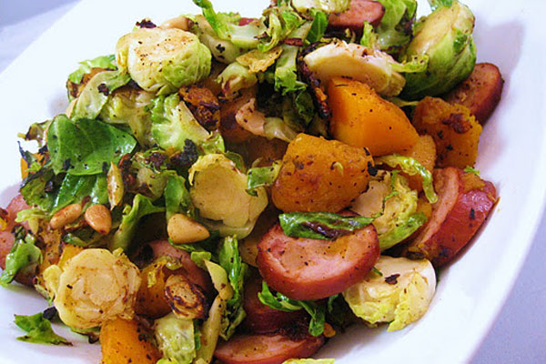 Healthy Thanksgiving side dish: Shredded Brussels sprouts with apple chicken sausage and squash by Cara's Cravings