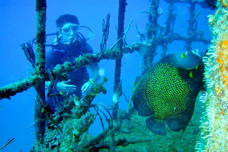 Scuba diving boy near ruins underwater in utila honduras best family vacation destinations