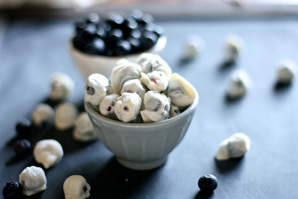 Healthy snack idea for kids: Yogurt-covered frozen blueberries by The Hungry Housewife