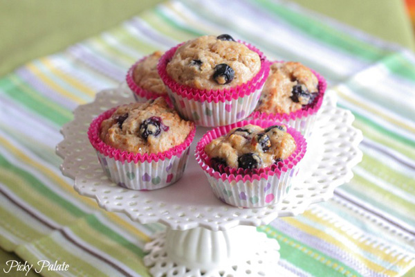 Healthy snack idea for kids: Peanut butter and jelly blueberry banana muffins by Picky Palate
