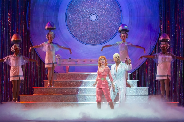 Frenchie (Sarah Rose Davis) and Teen Angel (Kyle Robert Carter), center, and the Company of Grease at The 5th Avenue Theatre. Photo credit Tracy Martin