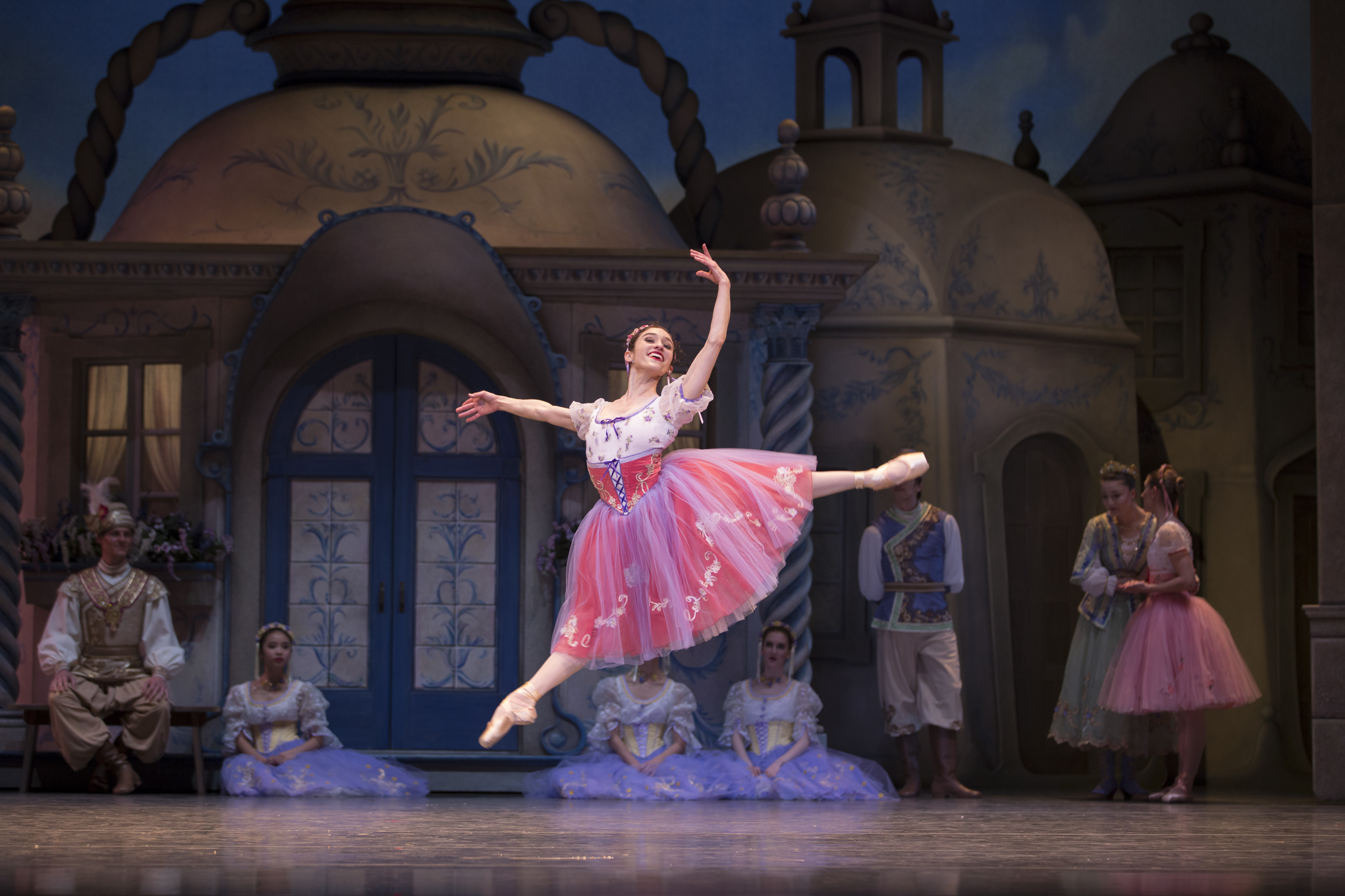 Pacific Northwest Ballet soloist Leta Biasucci with company dancers in Coppélia, choreographed by Alexandra Danilova and George Balanchine © The George Balanchine Trust. PNB presents Coppélia through April 24, 2016. Photo © Angela Sterling.