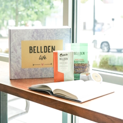 "Bellden Cafe community subscription box sitting on a table"