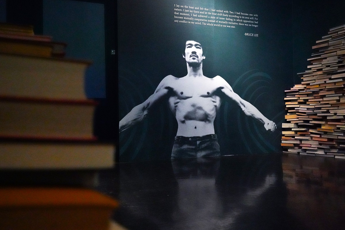 View of a photograph of Bruce Lee in a new exhibit at Seattle's Wing Luke Museum of the Asian Pacific American Experience