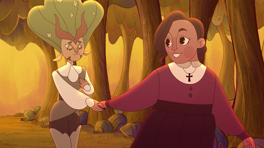 "Two cartoon women walking through a magical forest, a still short from 'Amongst the Myrtle Trees' "